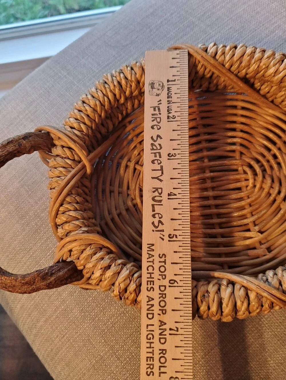 Handwoven Natural Rattan Tray, w branch handles. Boho, Farmhouse, 8x6.5